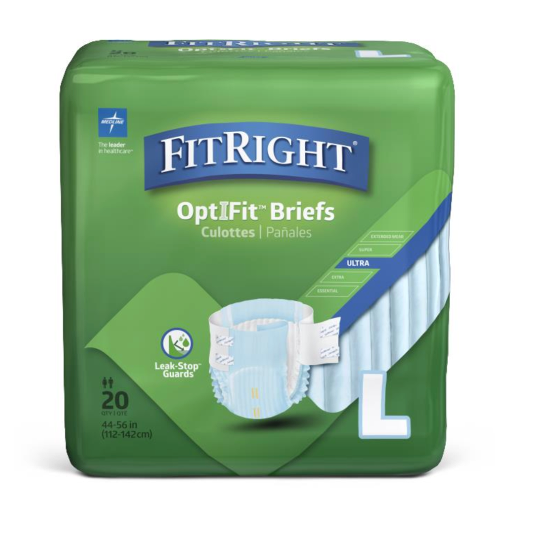The package of FitRight Unisex Ultra Incontinence Briefs, size large, features a green background and highlights Leak-Stop Guards and Ultra Absorbency with 4D Core technology for maximum effectiveness. Designed to fit waist sizes 44-56 inches (112-142 cm), each pack contains 20 briefs.